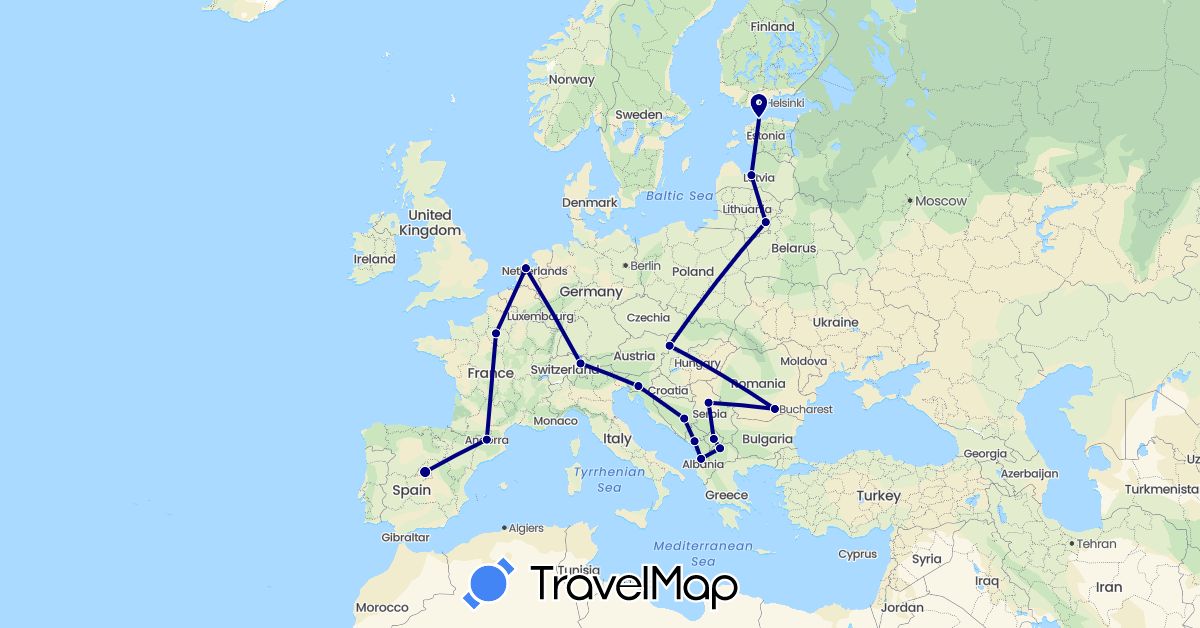 TravelMap itinerary: driving in Andorra, Albania, Bosnia and Herzegovina, Estonia, Spain, France, Liechtenstein, Lithuania, Latvia, Montenegro, Macedonia, Netherlands, Romania, Serbia, Slovenia, Slovakia, Kosovo (Europe)